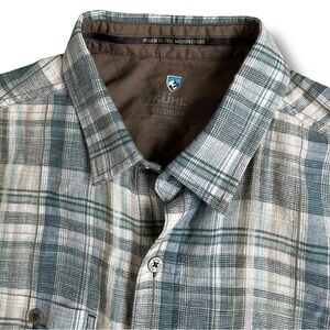 Kuhl Shirt Mens M Blue Plaid Short Sleeve Button‎ Up Outdoor Linen Shirt 7218